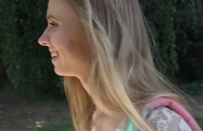 Innocent girl kneels to suck cock and gets her pussy pounded in the wild woods