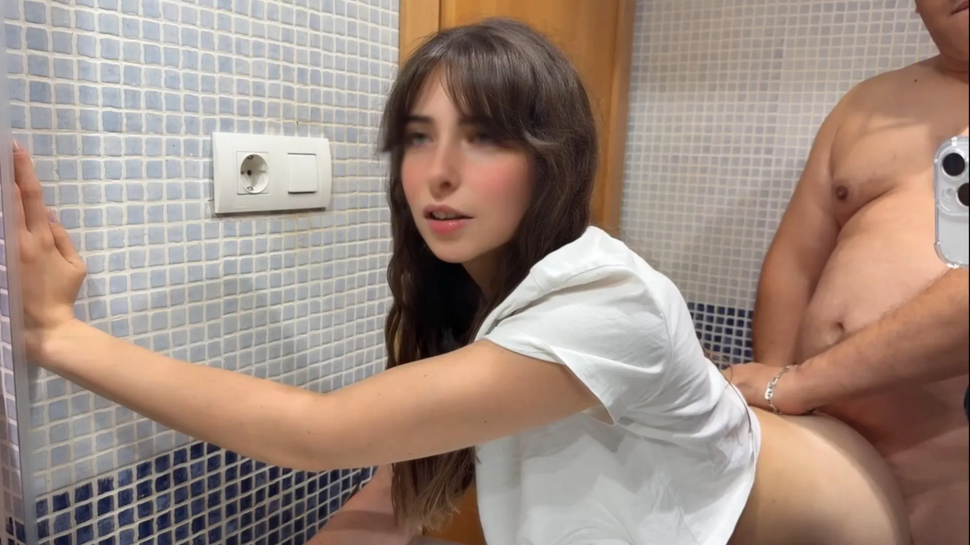 Creampie in my hairy pussy my stepfather fills me with semen in the bathroom while his friends are in the living room