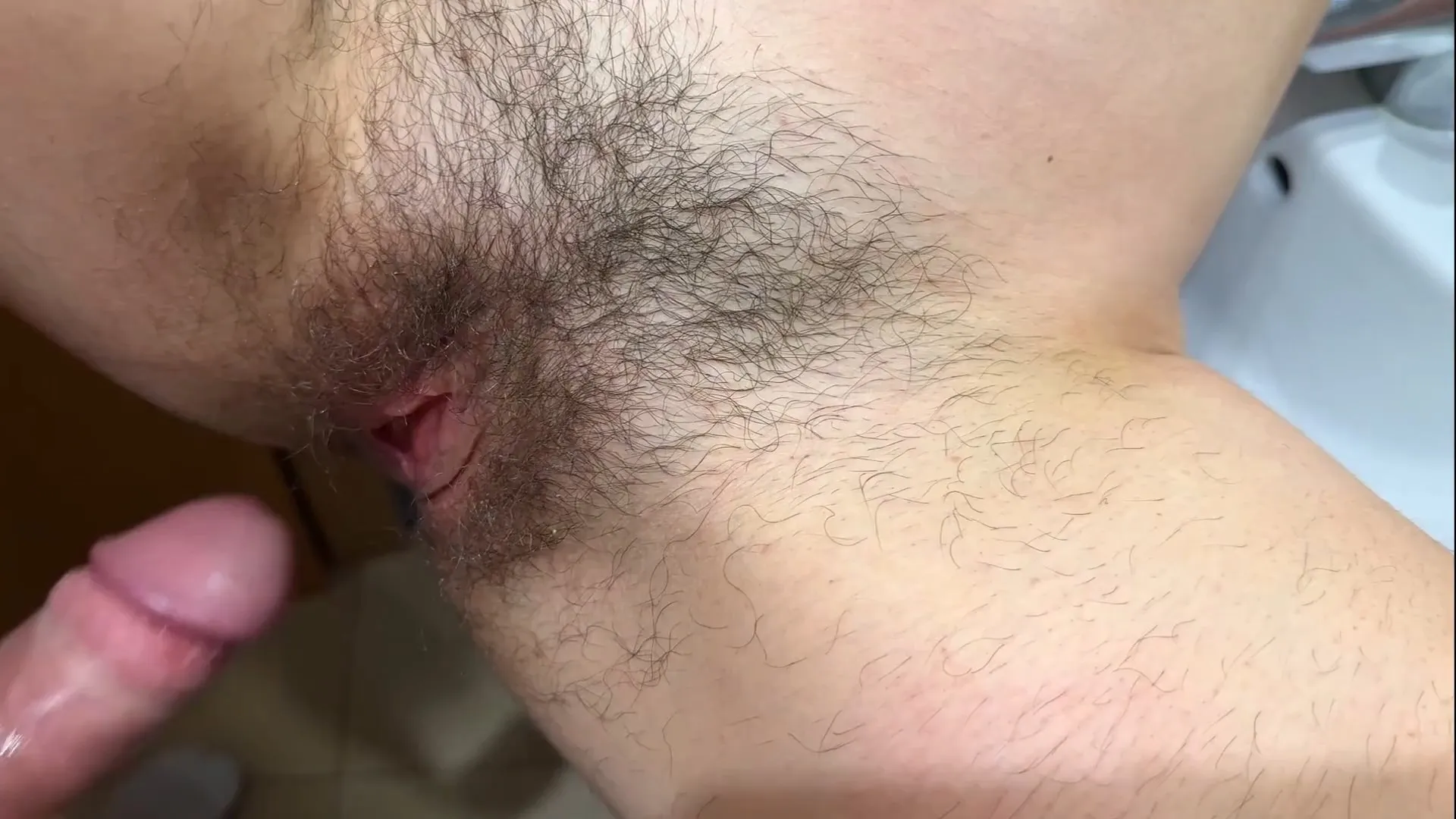 Creampie in my hairy pussy my stepfather fills me with semen in the bathroom while his friends are in the living room