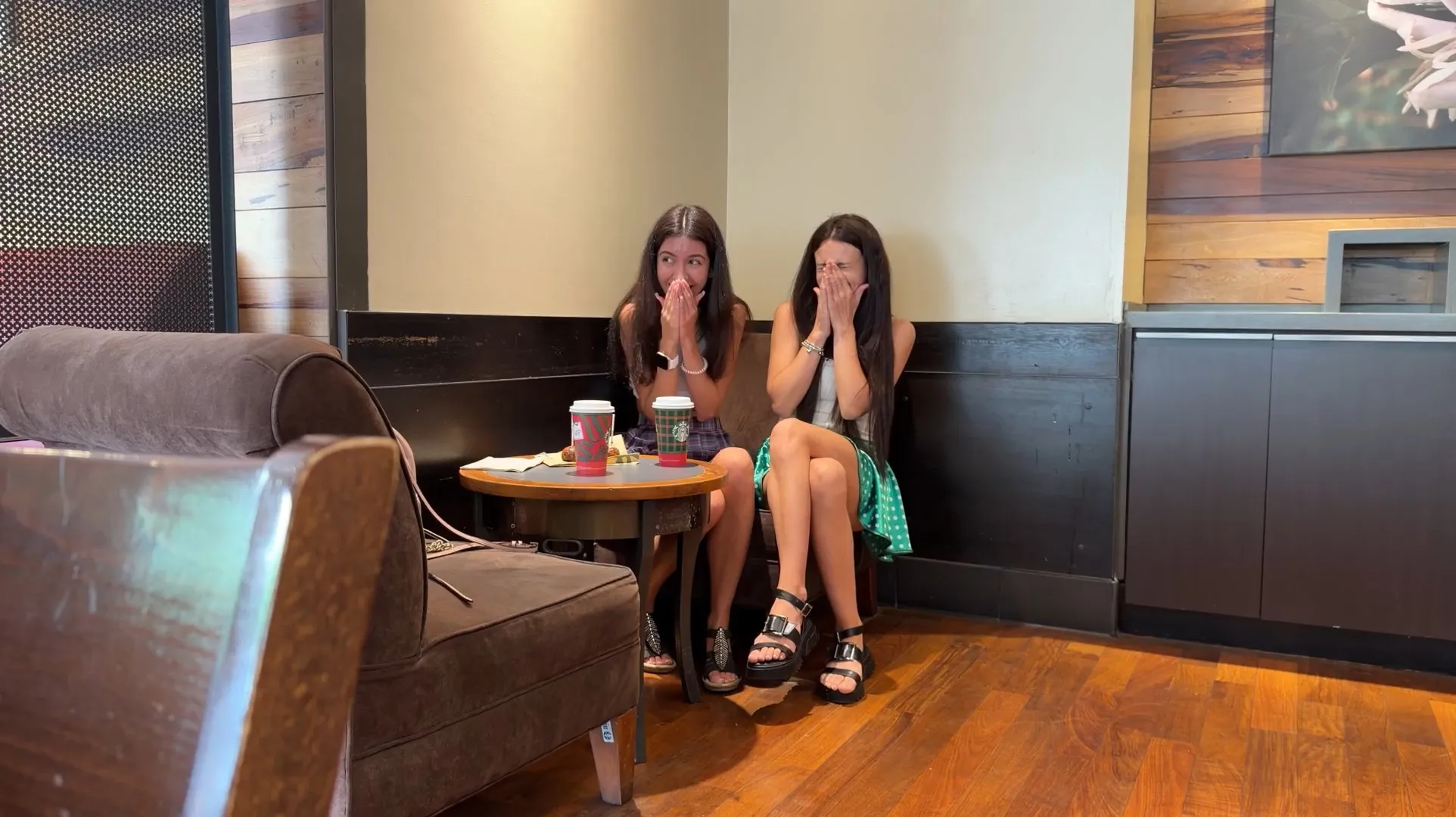 The guys couldnt resist when we took off our panties in a cafe and put plugs in our asses