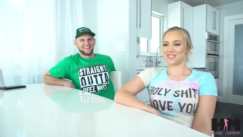 Going big at the job audition hanging upside down for a wild dick sucking session